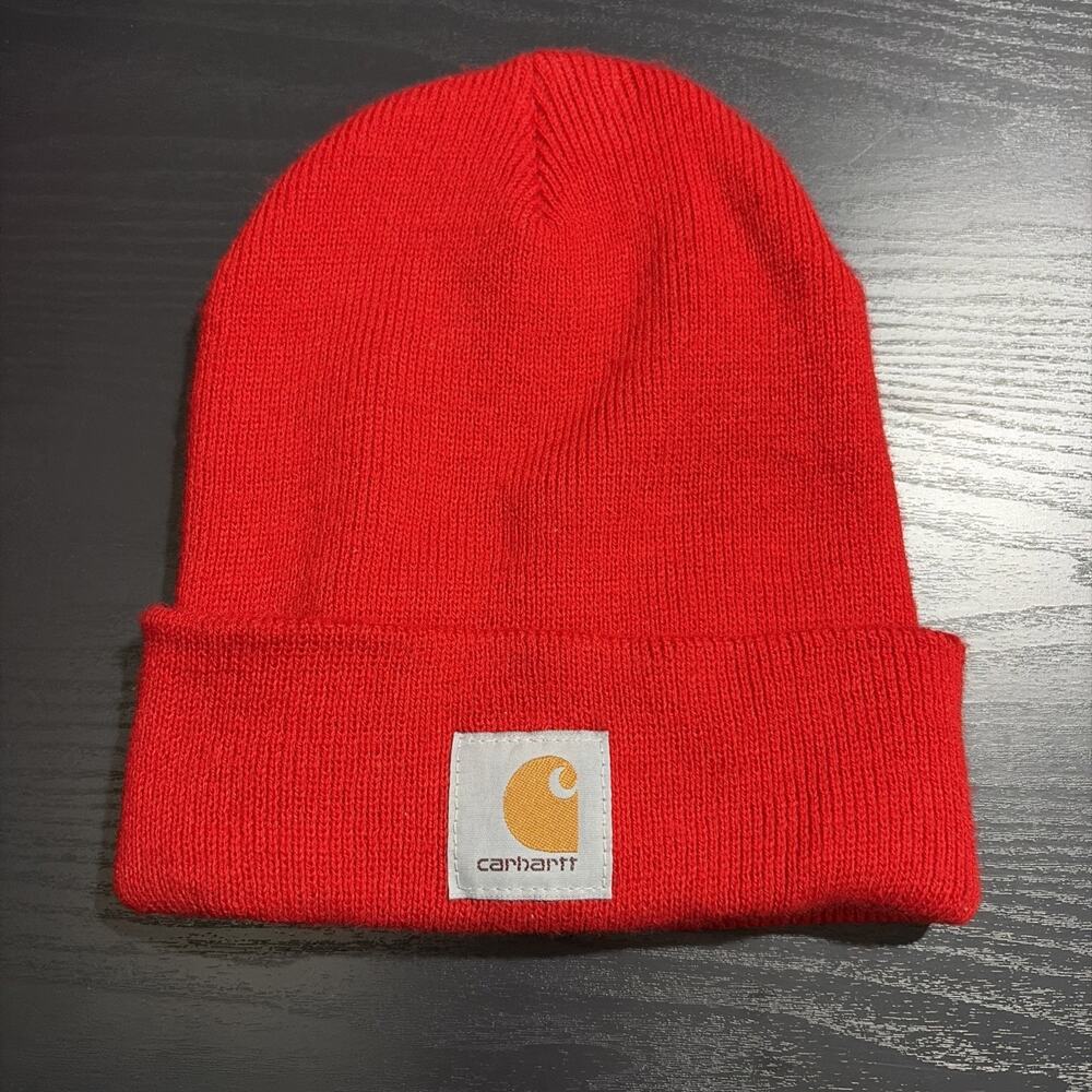 VTG Carhartt Beanie Red Logo One Size Unisex Workwear Streetwear Hip Hop Winter